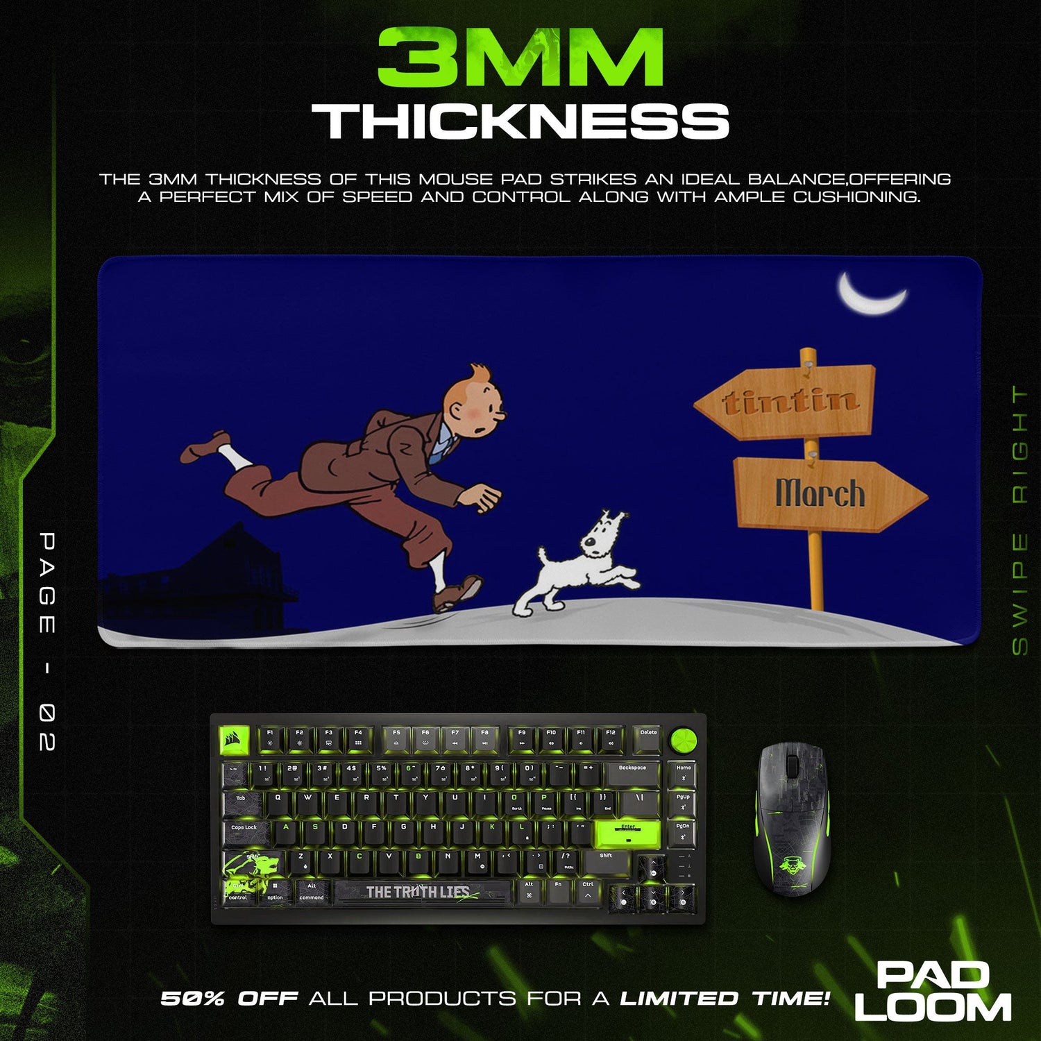 Tintin Mouse Pad, Moonlit Path Cartoon Gaming Desk Mat Padloom