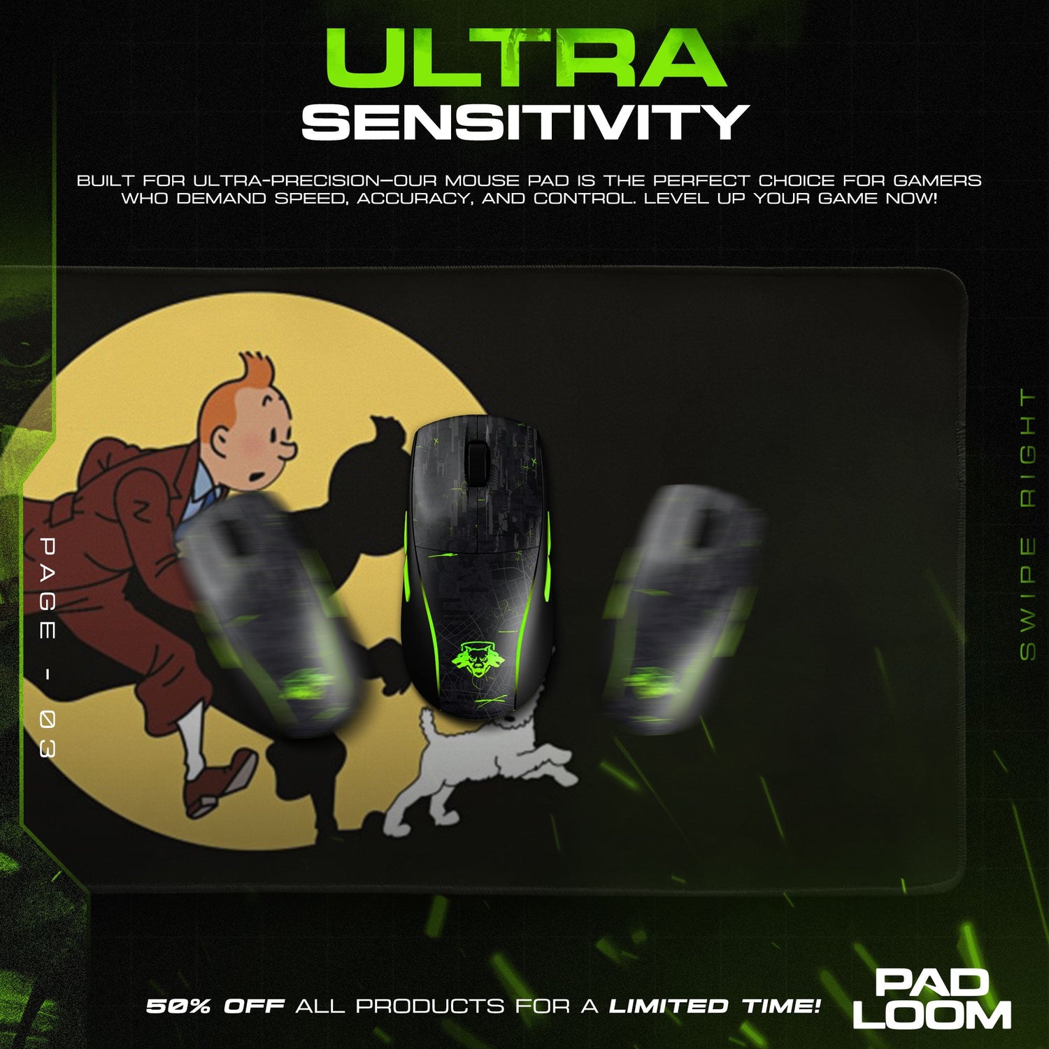 Tintin Mouse Pad, Moonlit Run Cartoon Gaming Desk Mat Padloom