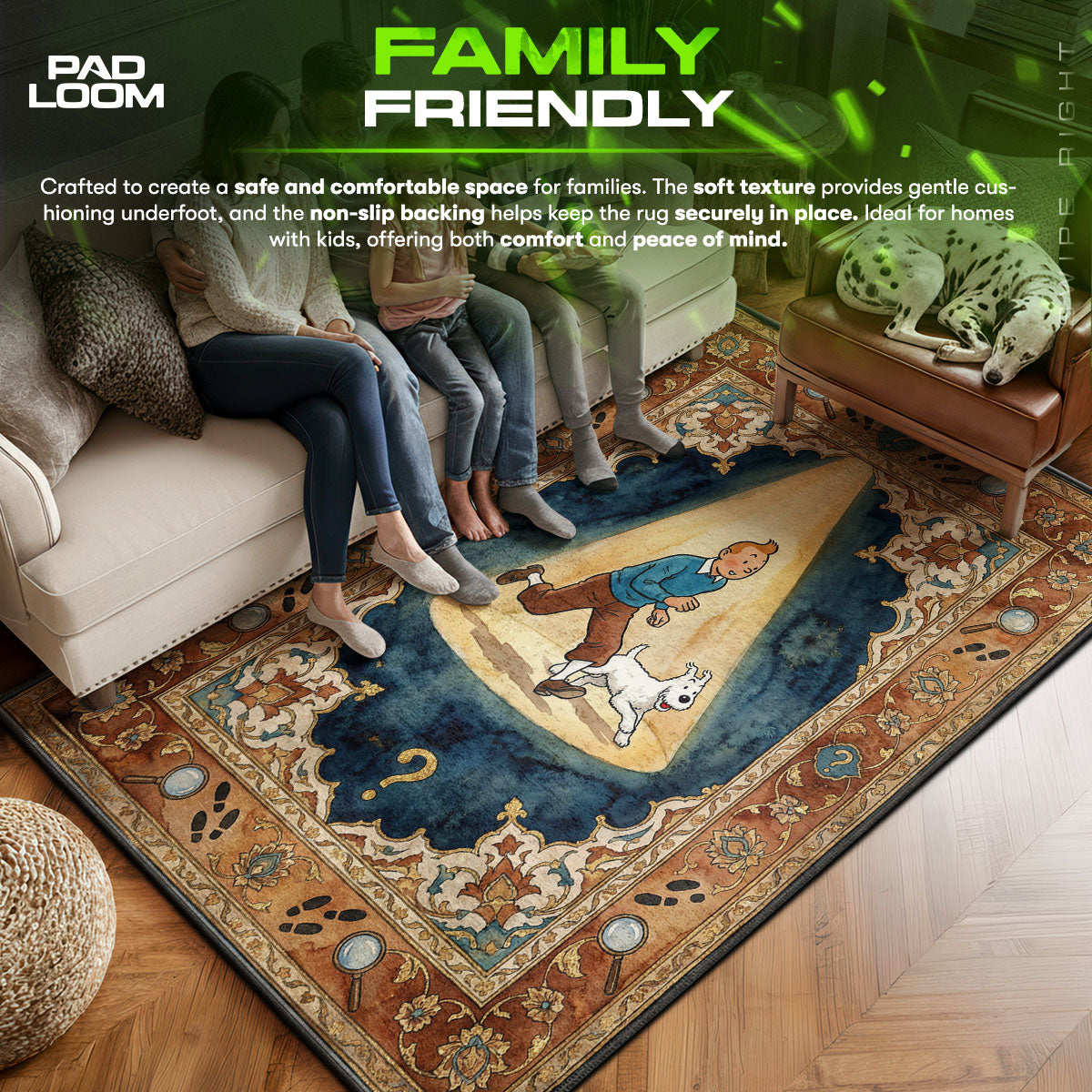 Tintin area rug showing full home decor artwork