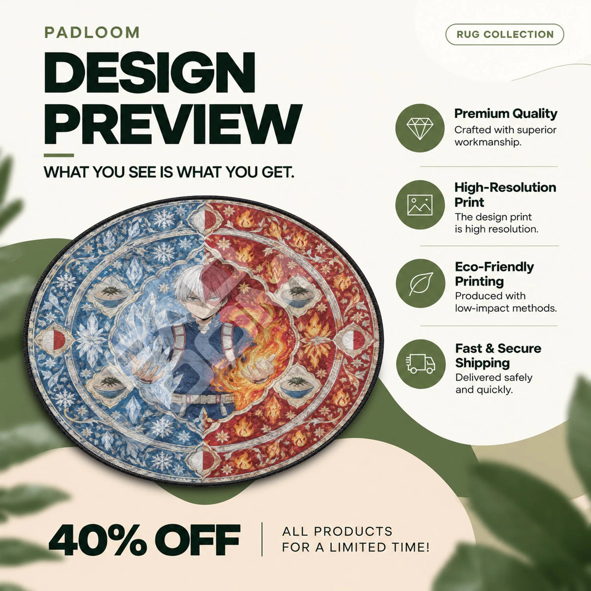 Todoroki Frostfire My Hero Academia round rug full design preview