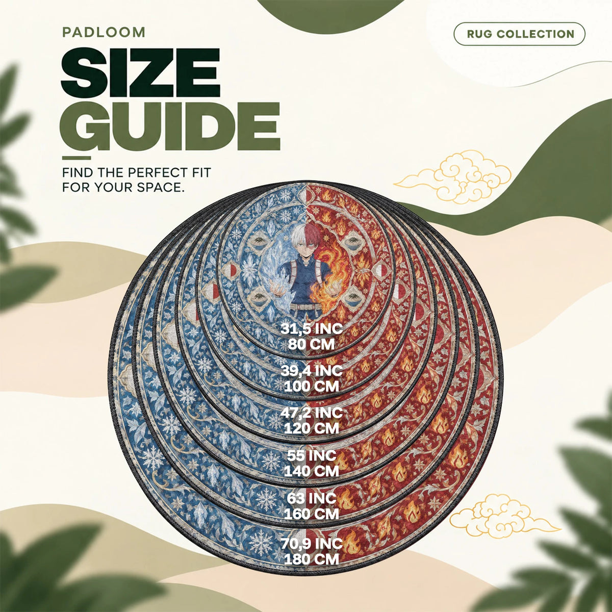 Todoroki Frostfire round rug size guide, 80 to 180 cm (31.5 to 70.9 in)