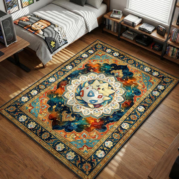 Togepi smiling happily surrounded by colorful teal and orange ornamental patterns with egg motifs area rug and floor mat