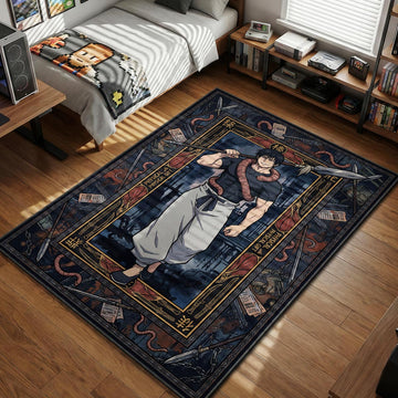 Toji Fushiguro smiling confidently with the Inverted Spear of Heaven, wrapped in his inventory curse worm, framed by guns, chains, and betting tickets in a Jujutsu Kaisen art style.