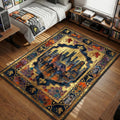 Tokyo-3 cityscape and NERV pyramid HQ with golden sky and EVA unit border icons area rug and floor mat
