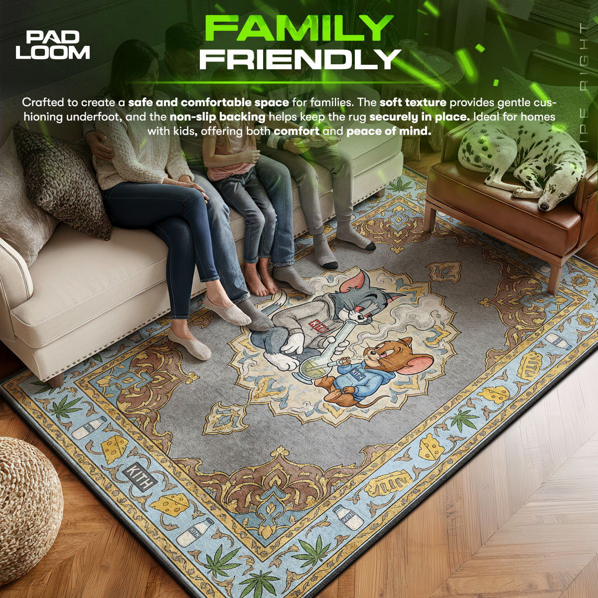 Tom area rug showing full home decor artwork