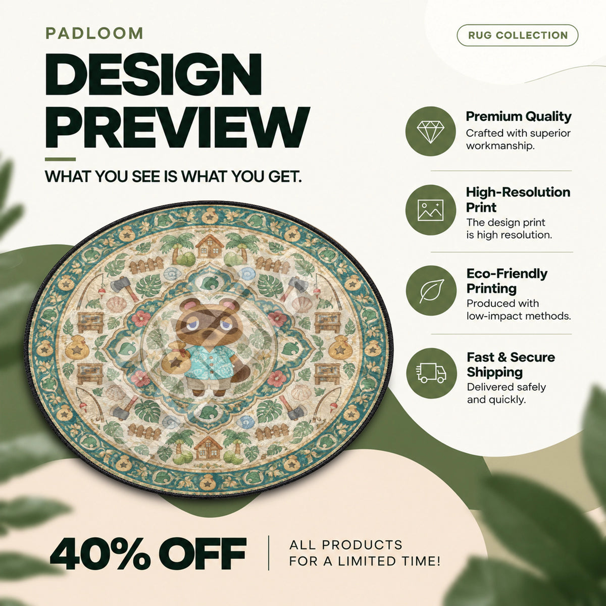 Tom Nook Tropical Round Rug - Animal Crossing Chair Mat