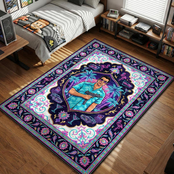 Tommy Vercetti holding submachine gun surrounded by neon palm trees and flamingos in 80s synthwave style gaming area rug and floor mat