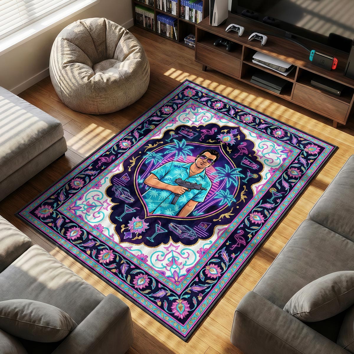 Tommy Vercetti Retro Neon Rug - GTA Vice City Chair Mat