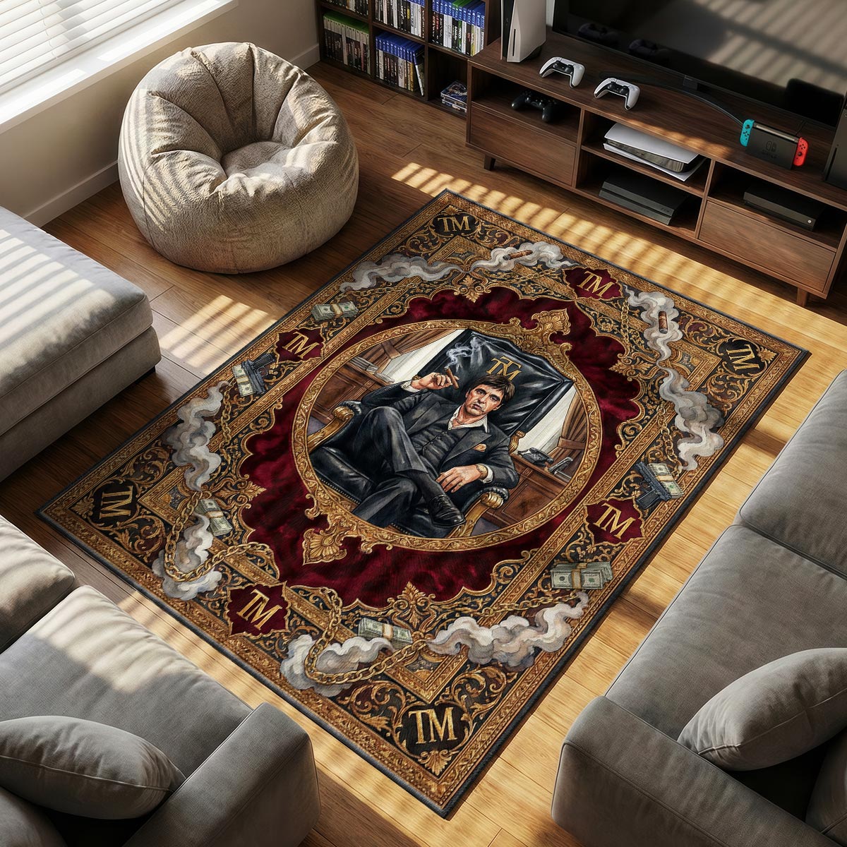 Tony Montana themed area rug for home decor fans