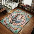 Tony Montana and Hector the Toad bathroom chainsaw scene in ornate pastel mosaic art style movie themed area rug and home theater mat