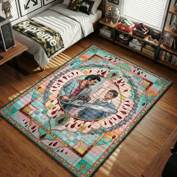 Tony Montana and Hector the Toad bathroom chainsaw scene in ornate pastel mosaic art style movie themed area rug and home theater mat