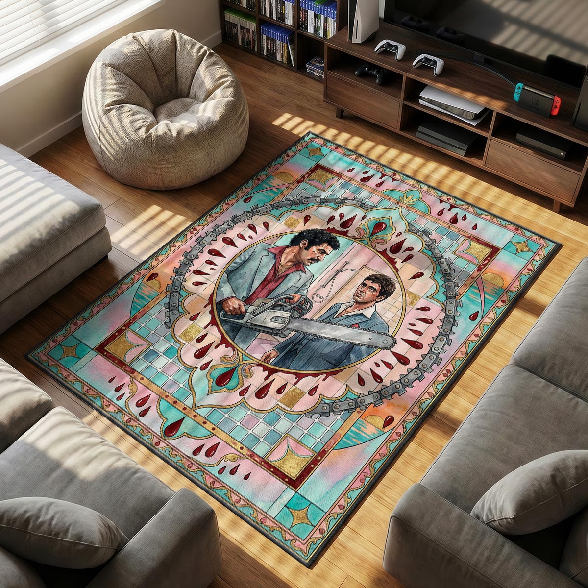 Tony Montana themed area rug for home decor fans