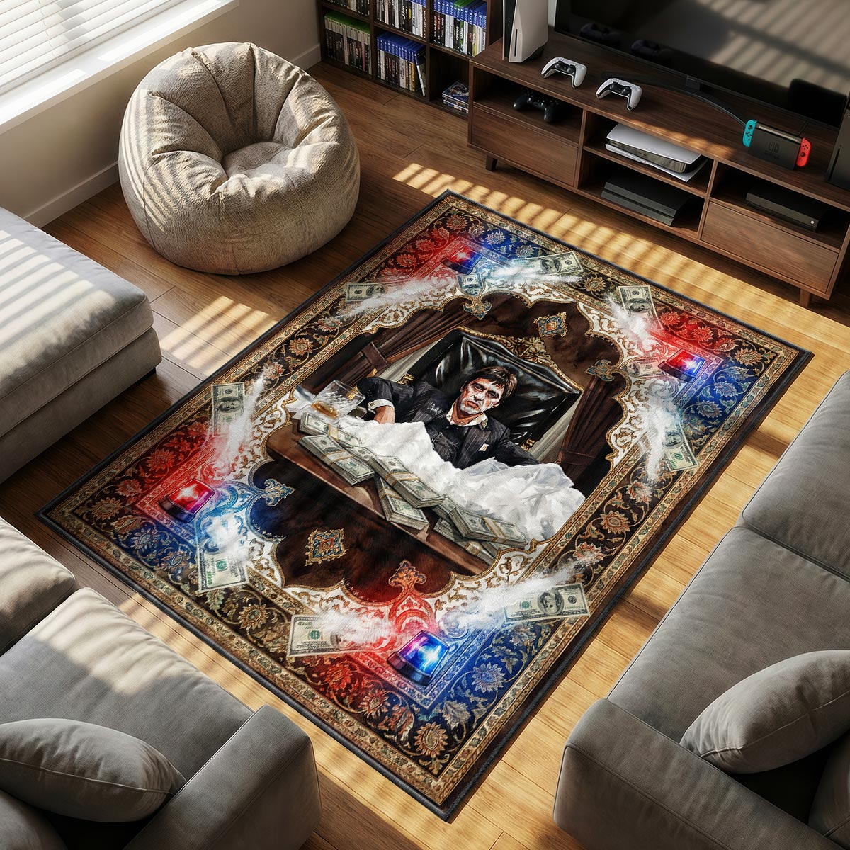 Tony Montana themed area rug for home decor fans