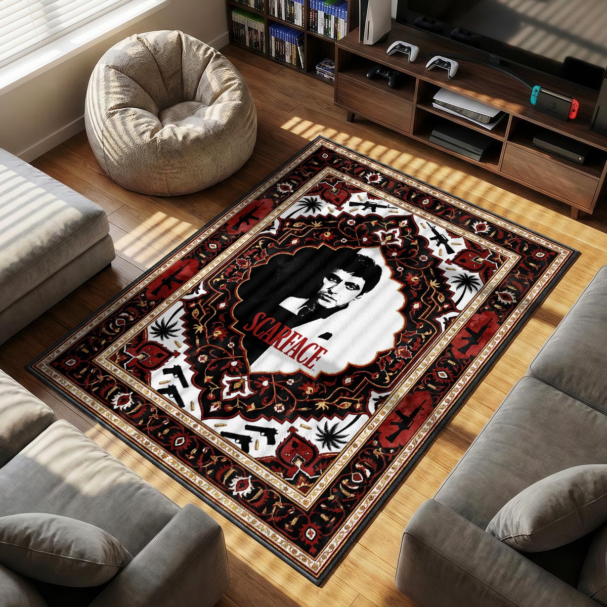 Tony Montana themed area rug for home decor fans