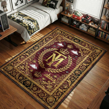 Tony Montana TM monogram with crowns bullet holes and powder mountains ornate regal art style movie themed area rug and home theater mat