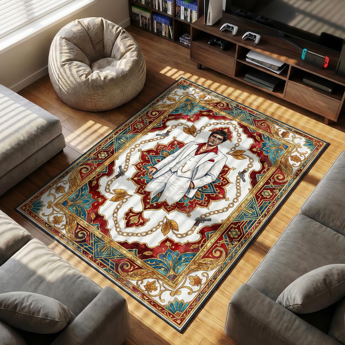 Tony Montana themed area rug for home decor fans