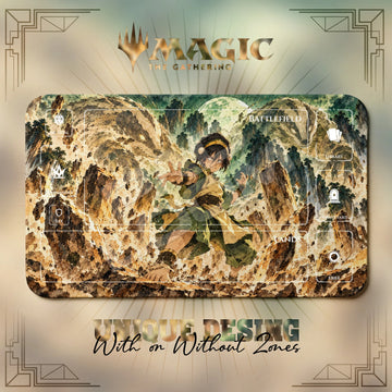 Toph Badgermole Avatar MTG playmat, orange and beige art with play zones, 24 x 14 in