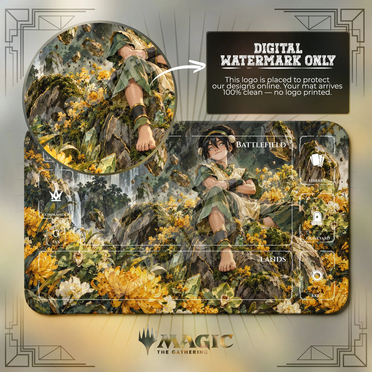 Toph Meadow Avatar MTG playmat with zones; the Padloom watermark is digital only, not printed
