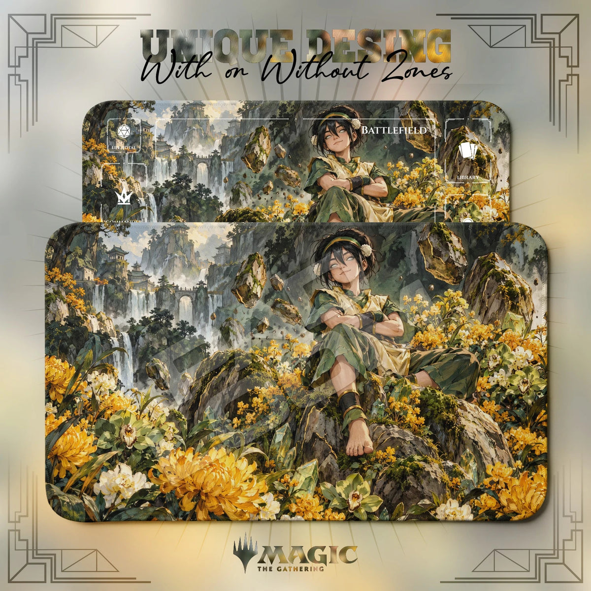 Toph Meadow Avatar MTG playmat shown with zones and without zones