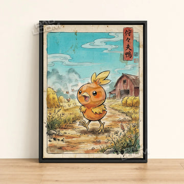 Torchic Farm Pokemon poster - framed canvas wall art in a black frame