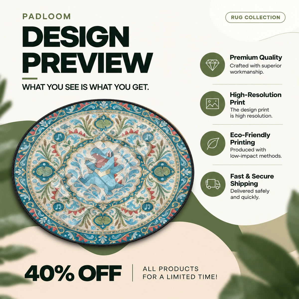 Totodile Leaping Pokemon round rug full design preview