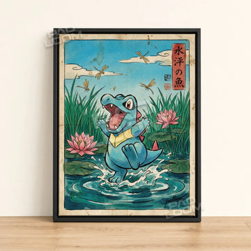 Totodile Splash Pokemon poster - framed canvas wall art in a black frame