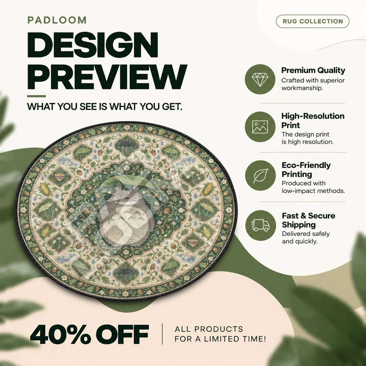 Totoro Umbrella Studio Ghibli round rug full design preview