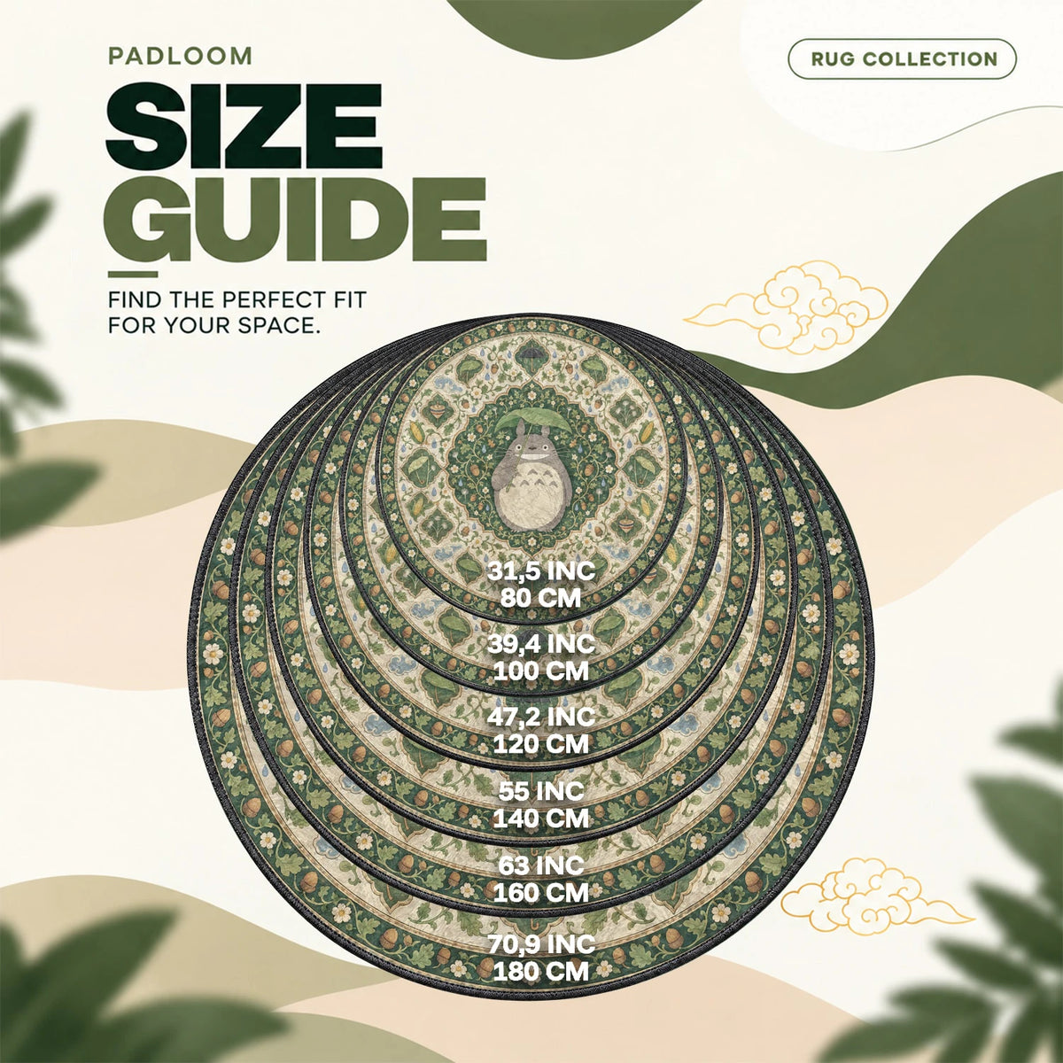 Totoro Umbrella round rug size guide, 80 to 180 cm (31.5 to 70.9 in)