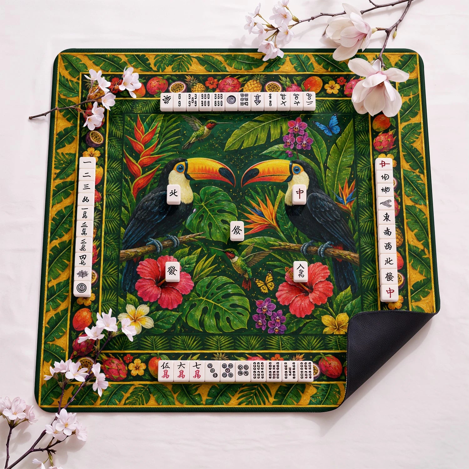Toucan Jungle design close-up on mahjong mat surface