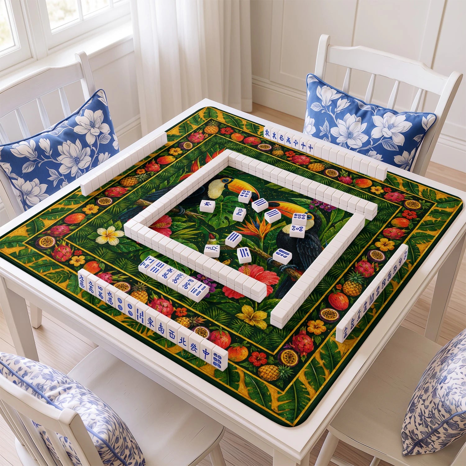 Toucan Jungle mahjong mat with tiles and racks on the table