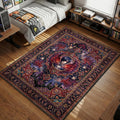 Touka Kirishima portrait with rabbit mask and ukaku wings over city skyline in dark purple ornate area rug and floor mat