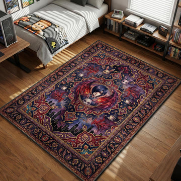Touka Kirishima portrait with rabbit mask and ukaku wings over city skyline in dark purple ornate area rug and floor mat