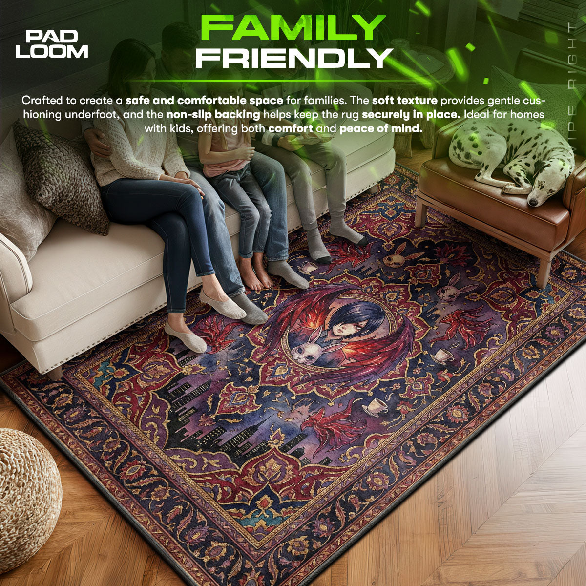 Touka area rug showing full home decor artwork