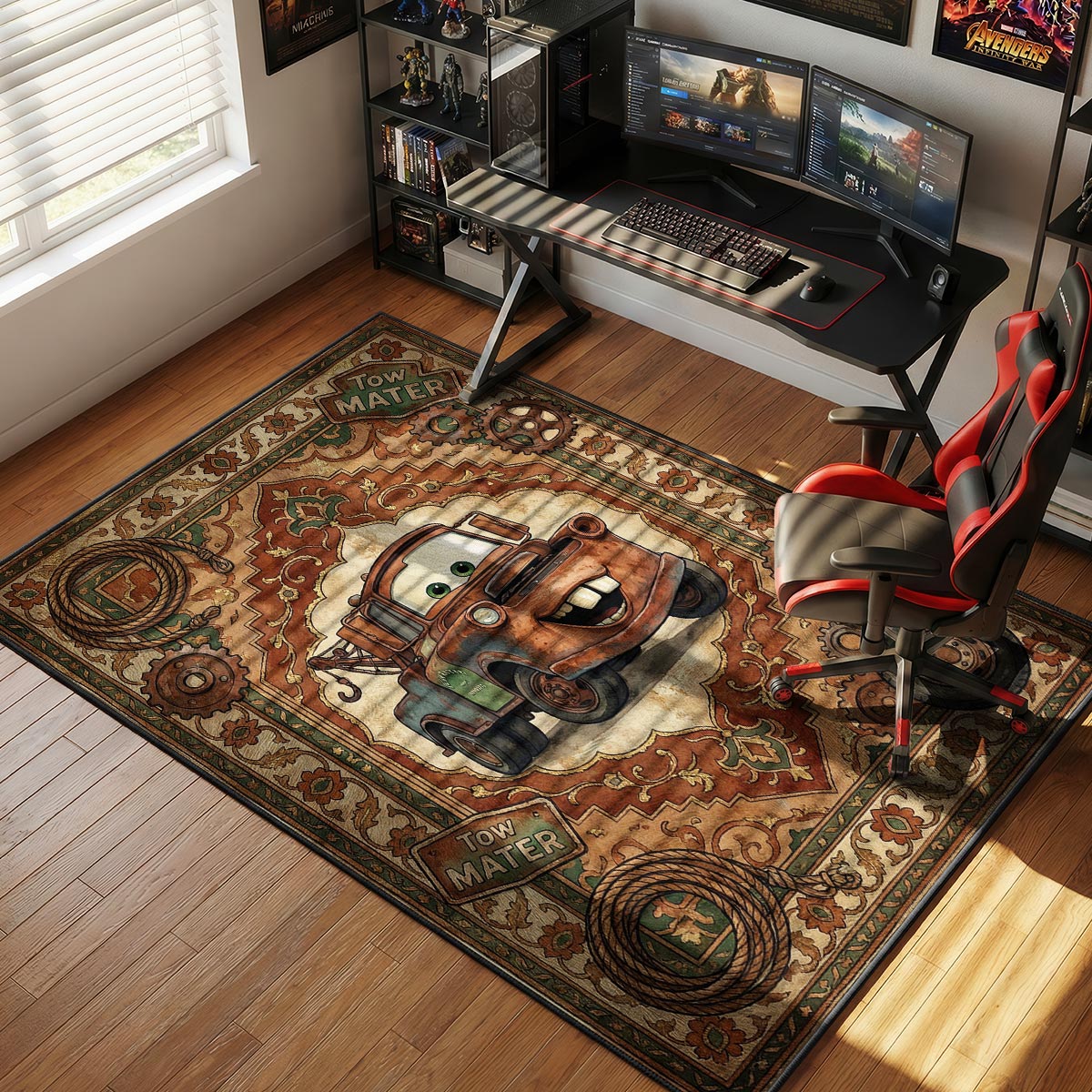 Tow Mater rug placed in a kids room with vintage car decor and warm brown furniture