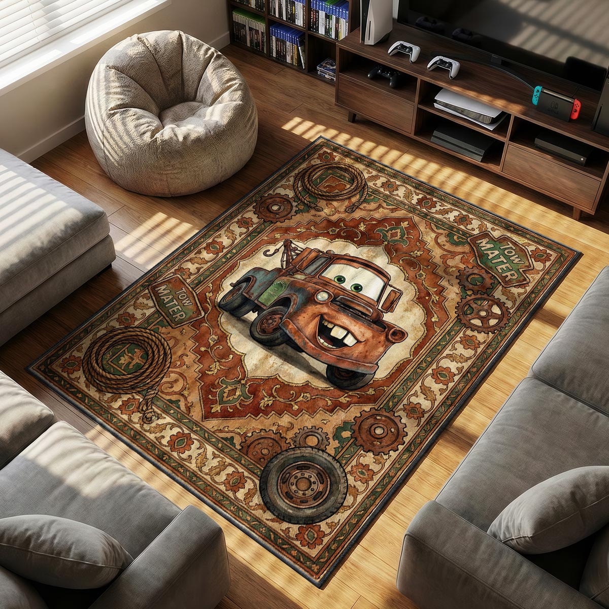 Close-up of Tow Mater area rug showing bronze gear border and rust-tone dye-sublimation