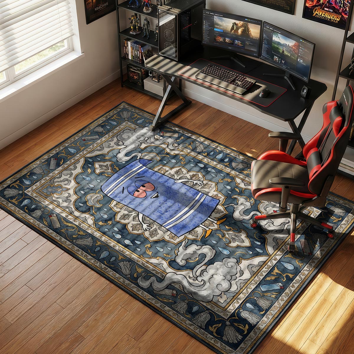 Towelie cartoon rug placed in a modern living room with grey sofa and cool ambient lighting