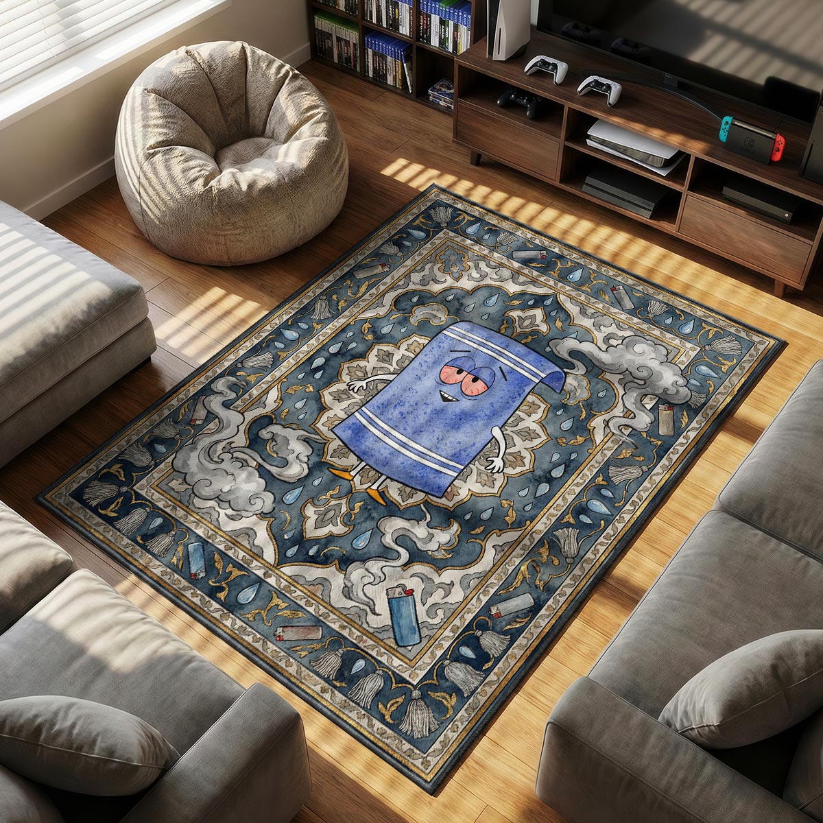 Close-up of Towelie area rug showing blue-grey watercolor texture and non-slip backing detail