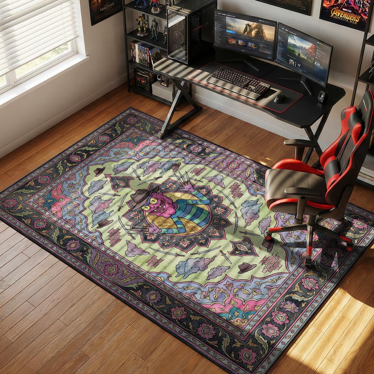 Toxic Rick rug placed in a dark bedroom with neon green LED strips and black furniture