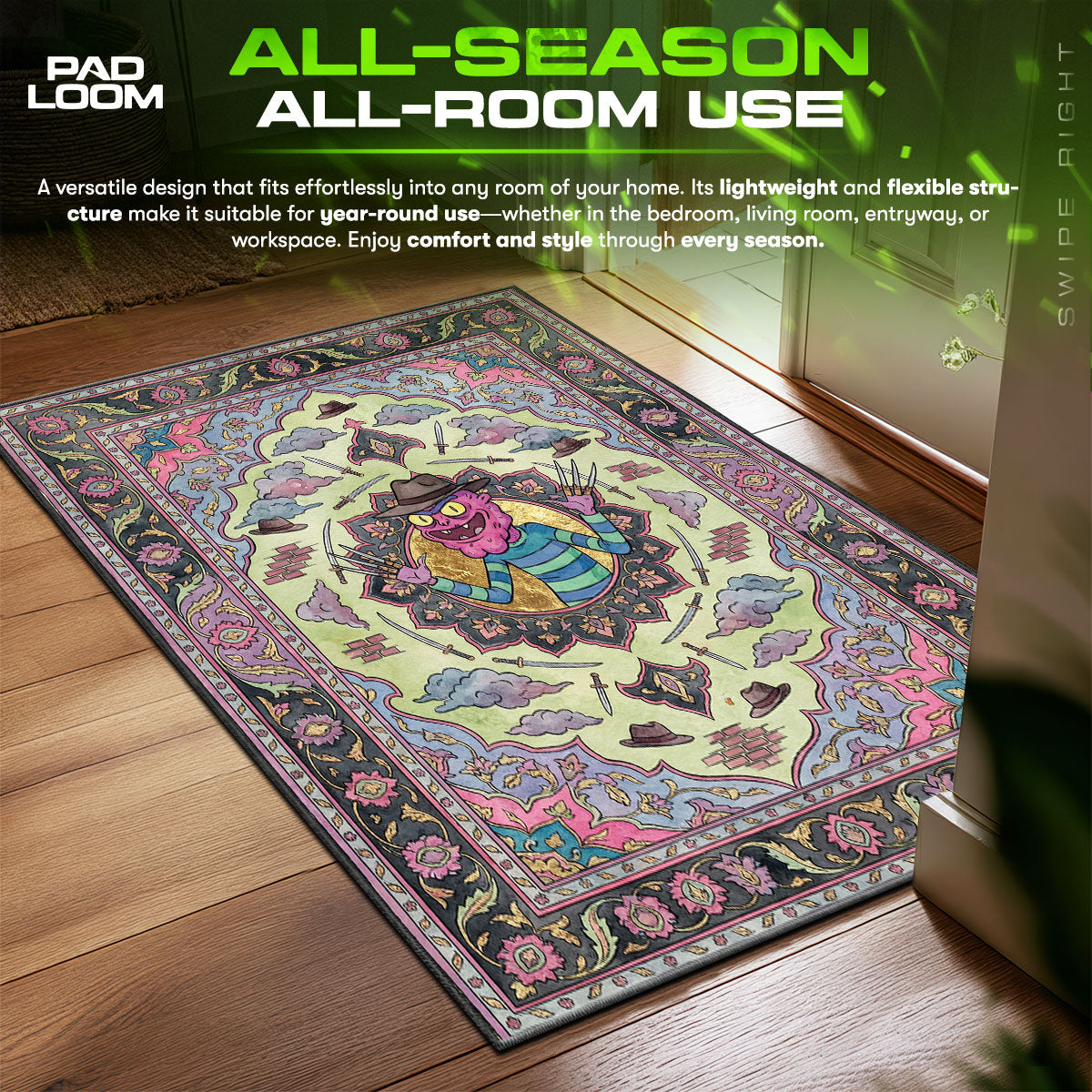 Toxic area rug showing full home decor artwork