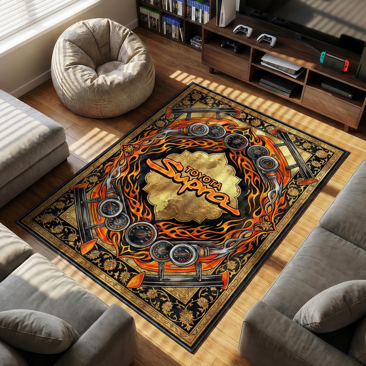 Toyota Supra themed area rug for home decor fans