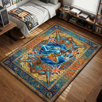 Tracer from Overwatch sprinting with blue lightning trails and Union Jack background in art nouveau style gaming area rug and floor mat