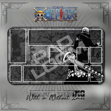 Trafalgar Law Room Mono One Piece playmat, black and gray manga collage with printed play zones, 24 x 14 in TCG mat