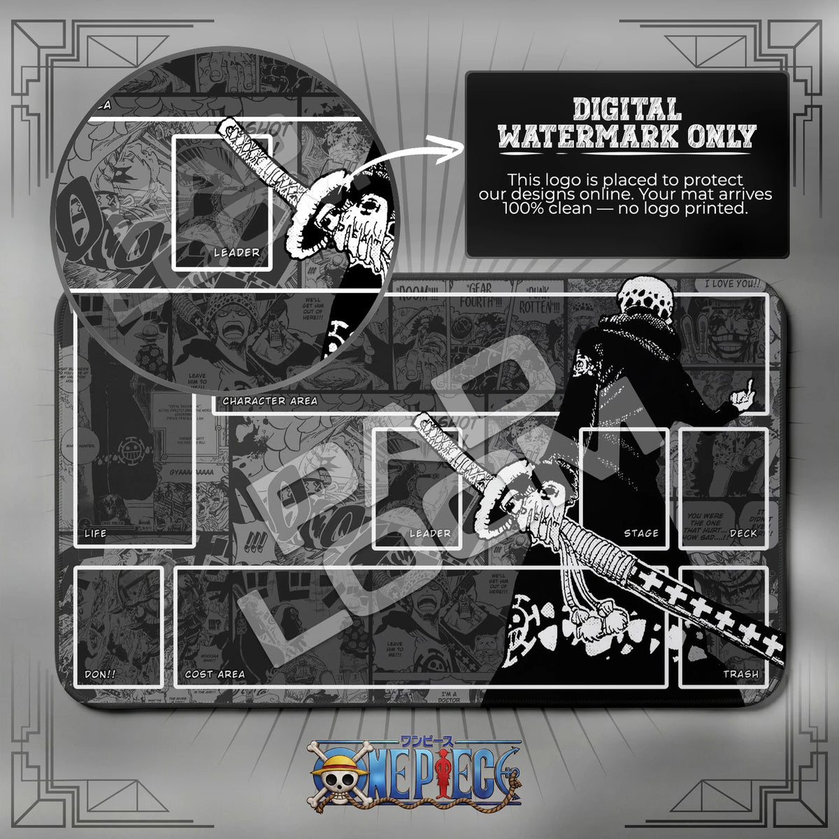 Trafalgar Law Room Mono One Piece playmat close-up; the Padloom watermark is digital only, not printed