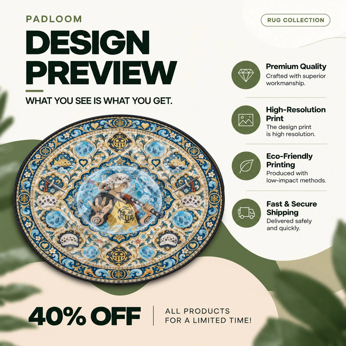 Trafalgar Law Room One Piece round rug full design preview