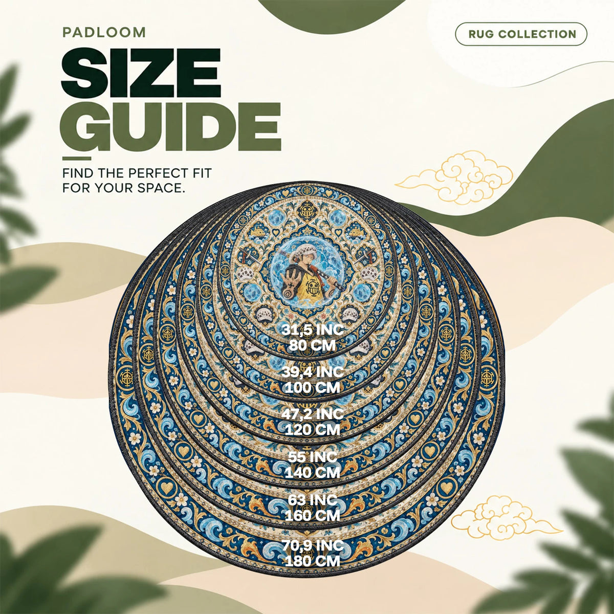 Trafalgar Law Room round rug size guide, 80 to 180 cm (31.5 to 70.9 in)