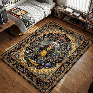 Trafalgar Law holding Kikoku sword surrounded by Heart Pirate symbols on a blue and gold Persian style area rug and floor mat