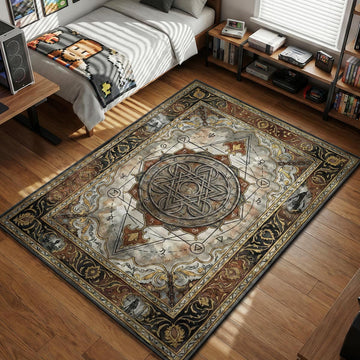 Fullmetal Alchemist transmutation circle arcane symbols parchment style gaming area rug and floor mat