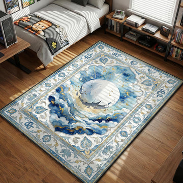The Traveler sphere hovering over clouds with golden rays in celestial tarot art style gaming area rug and floor mat