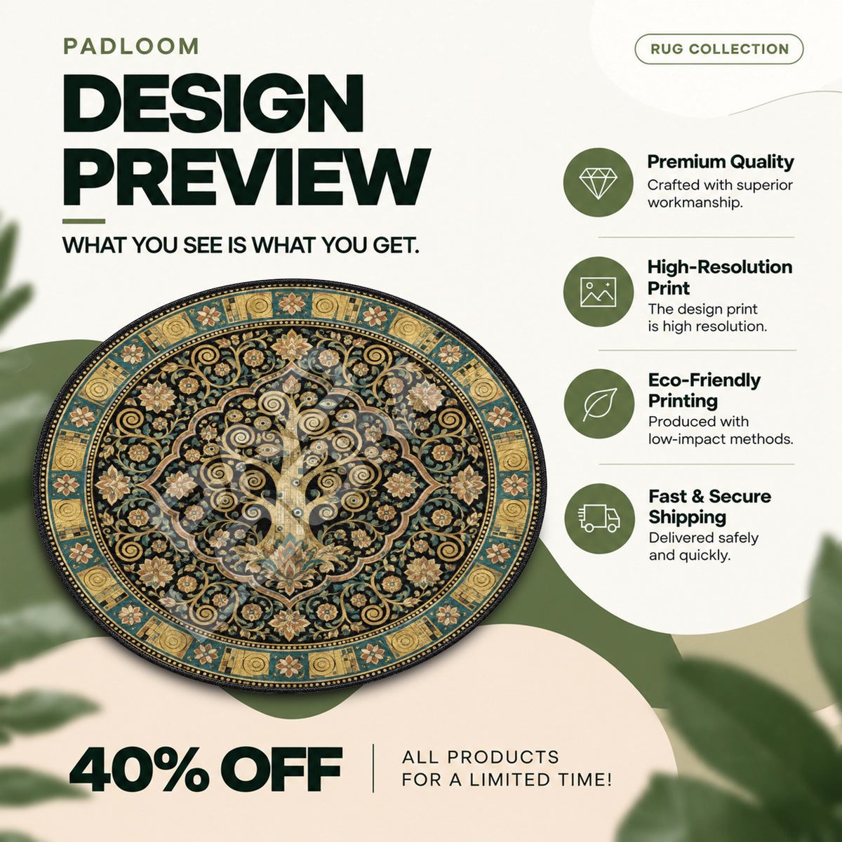 Tree of Life Golden floral round rug full design preview