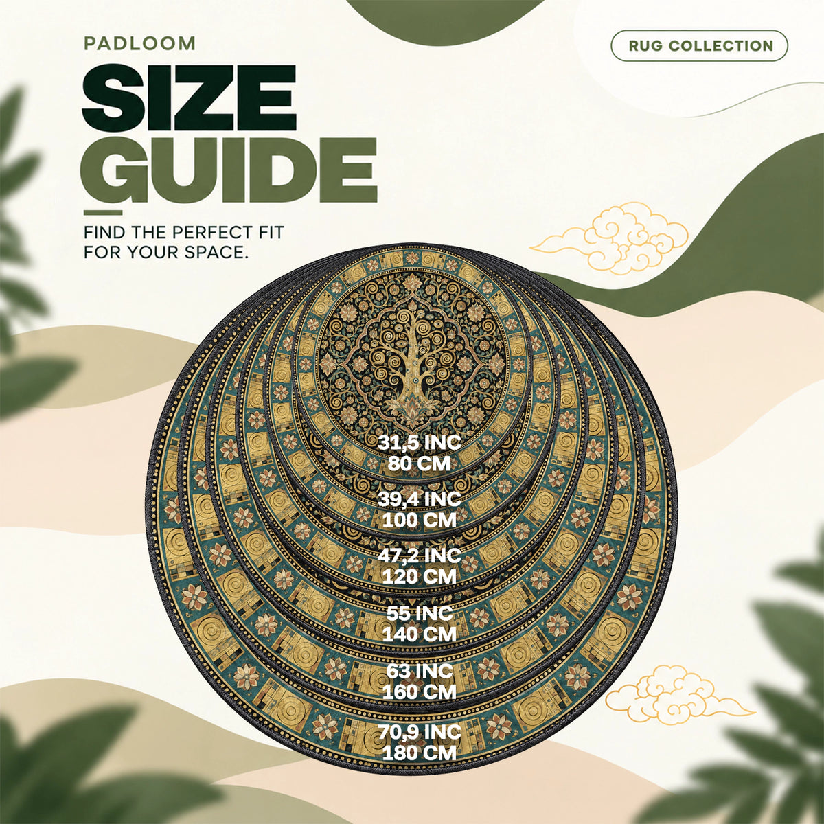 Tree of Life Golden round rug size guide, 80 to 180 cm (31.5 to 70.9 in)
